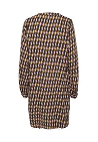 Long-sleeve dress with a round neckline, featuring a geometric pattern in brown, lavender, and black on a soft, lightweight fabric.