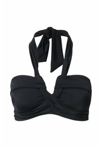 Top bikini nero con laccetto al collo, caratterizzato da un design arricciato, coppe sagomate e un tessuto liscio ed elasticizzato. Senza ulteriori dettagli.
