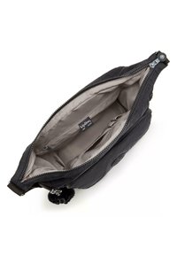 Black pouch bag with a zippered opening. Interior lined in light gray fabric, featuring compartments for organization. Includes a pom-pom detail.