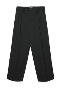 Pantaloni neri a vita alta, larghi, con chiusura a bottoni, passanti per la cintura, pince e tasche laterali, distesi su sfondo bianco.