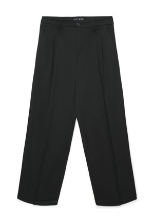 Pantaloni neri a vita alta, larghi, con chiusura a bottoni, passanti per la cintura, pince e tasche laterali, distesi su sfondo bianco.