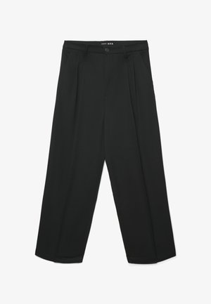 Pantaloni neri a vita alta, larghi, con chiusura a bottoni, passanti per la cintura, pince e tasche laterali, distesi su sfondo bianco.