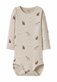 Beżowy body dla niemowląt z długim rękawem, wykonane z prążkowanej tkaniny, zdobione brązowo-białymi zwierzęcymi wzorami, z okrągłym dekoltem i zapięciami na zatrzaski z przodu.