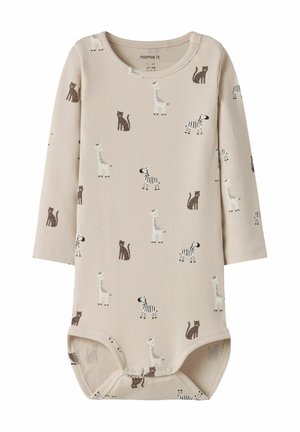 Rompertje met lange mouwen voor baby's in beige ribstof met bruine en witte dierprints, voorzien van een ronde halslijn en drukknoopsluitingen aan de onderkant.