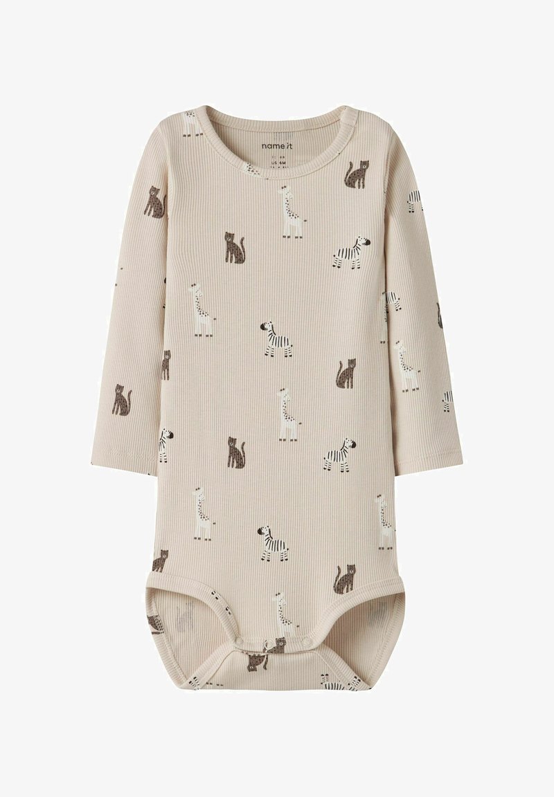 Rompertje met lange mouwen voor baby's in beige ribstof met bruine en witte dierprints, voorzien van een ronde halslijn en drukknoopsluitingen aan de onderkant.