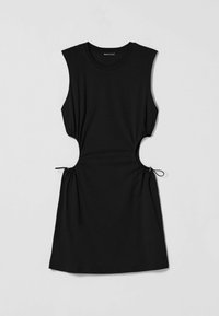 Svart ärmlös klänning i mjukt tyg med insydda sidor och urtagning, med justerbara dragsnören i midjan för anpassning.