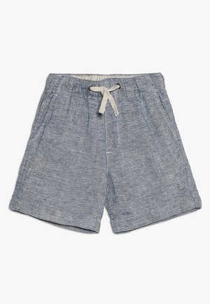 Lyseblå og hvide shorts til småbørn med elastik i taljen og hvid snor til at binde, forlommer og opbukket kant.