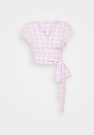 WRAP CROP TOP WITH TIE LOW V-NECK AND SHORT SLEEVES - Blůza - lilac gingham