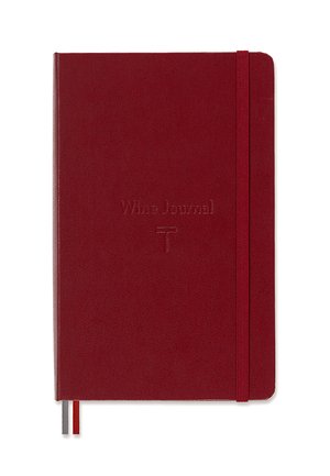 Red hardcover wine journal with elastic band closure, two ribbon bookmarks in gray and red, and embossed "Wine Journal" text on cover.