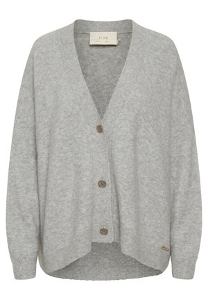 Gray cardigan made of soft wool, featuring a V-neck, long sleeves, and three front buttons with a slightly curved hemline.