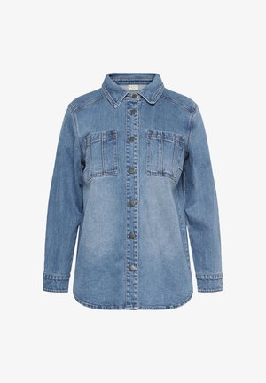 Svetlomodra denim jakna s ovratnikom, sprednjimi gumbi in dvema prsnikoma žepoma. Ima sproščen kroj in dolge rokave z všitimi detajli.