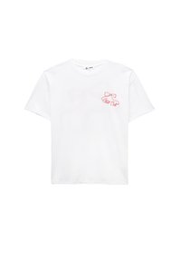 Hvid bomulds t-shirt med et lille rødt broderet design af solbriller og teksten "Chill Cat" på venstre brystområde.