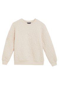 Felpa trapuntata beige chiaro con un motivo a foglia testurizzato, collo rotondo e polsini e orlo a coste. Tessuto morbido con una vestibilità casual.