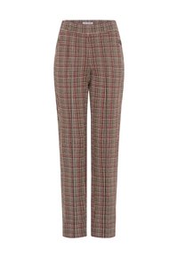 Geklede broek in aardetonen van bruin, rood en crème, met een getailleerde pasvorm en een fijne textuur. Hoogte van de taille is middelhoog, met een rechte pijpdesign.