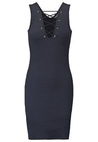 Robe noire sans manches en maille côtelée avec un profond décolleté en V à lacets sur le devant et une coupe ajustée longueur genou.