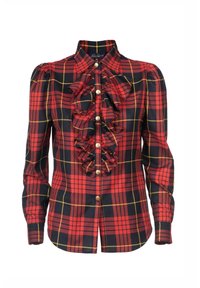 Blusa a quadri rossa e nera con linee gialle, fronte arricciato, bottoni dorati, maniche lunghe e colletto, taglia 42 etichetta visibile.
