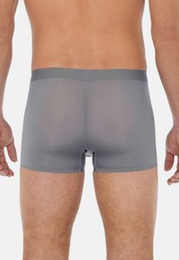 Graue Herren-Boxershorts mit glattem Material und tailliertem Schnitt. Mit einem mittelhohen Bund und einer belüfteten Öffnung auf der Rückseite.