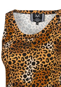 Tanktop met luipaardprint, voorzien van een geribde textuur, een ronde halslijn en een label met de tekst "Versace 1969 Italia" in bruin- en zwarttinten.