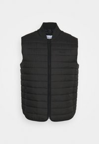 Gilet imbottito nero con design trapuntato, chiusura frontale con zip e tasche laterali. Presenta un collo a giro e una texture liscia.