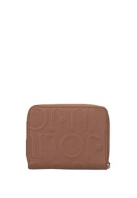 Portafoglio marrone in pelle con cerniera, decorato con motivi circolari e lineari in rilievo, mostrato disteso su uno sfondo bianco.