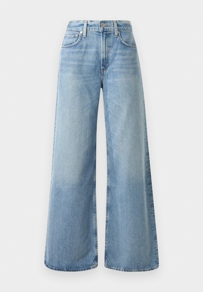 Lyseblå denim-bukser i vid model med høj talje, der har fire lommer, en knaplukning og diskret falmede områder på stoffet.