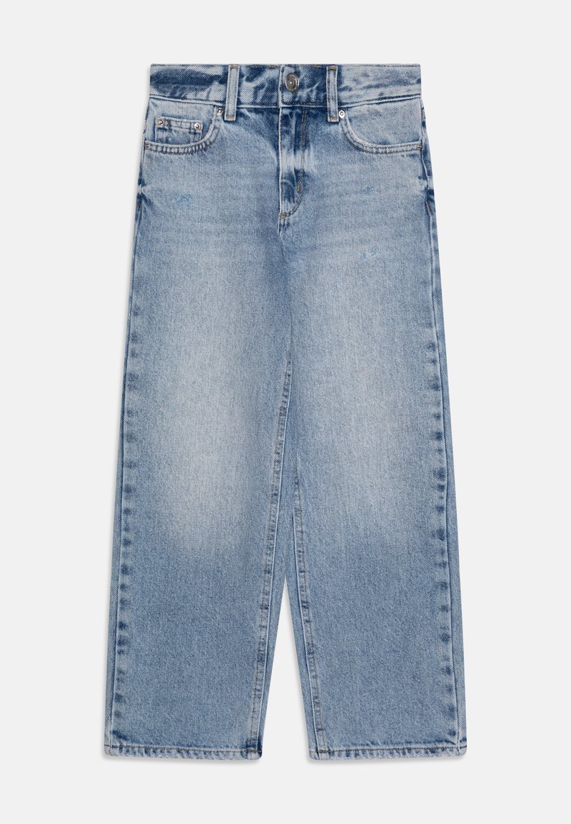 Φωτεινές μπλε τζιν παντελόνες σε φαρδιά γραμμή, με ψηλή μέση, κλείσιμο μπροστά με κουμπί και πέντε τσέπες, ελαφρώς ξεθωριασμένες και με ευθεία κοπή.