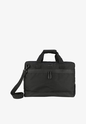 Schwarze Laptop-Tasche aus Stoff mit zwei oberen Tragegriffen, einem gepolsterten Schultergurt, einer mit Reißverschluss versehenen Fronttasche und einer schlanken rechteckigen Form.