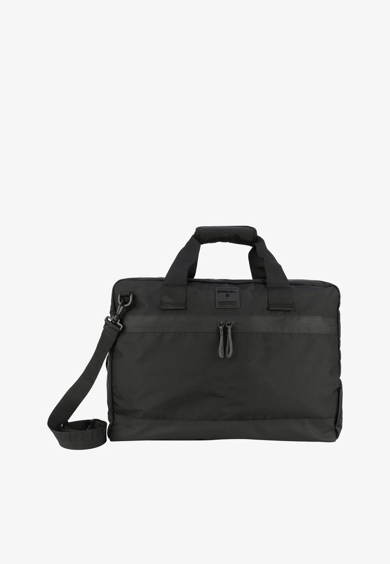 Czarna torba na laptopa z materiału, z podwójnymi górnymi uchwytami, wyściełanym paskiem na ramię, zapinaną na zamek przednią kieszenią oraz opływowym, prostokątnym kształtem.