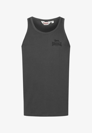 Débardeur gris foncé en coton, avec un col rond, sans manches et un logo noir discret sur la poitrine gauche.