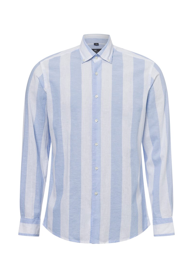 Hellblau-weiß gestreiftes Langarmhemd aus Leinen, mit einem Button-Down-Kragen und vorderen Knöpfen, sowie einem abgerundeten Saum.