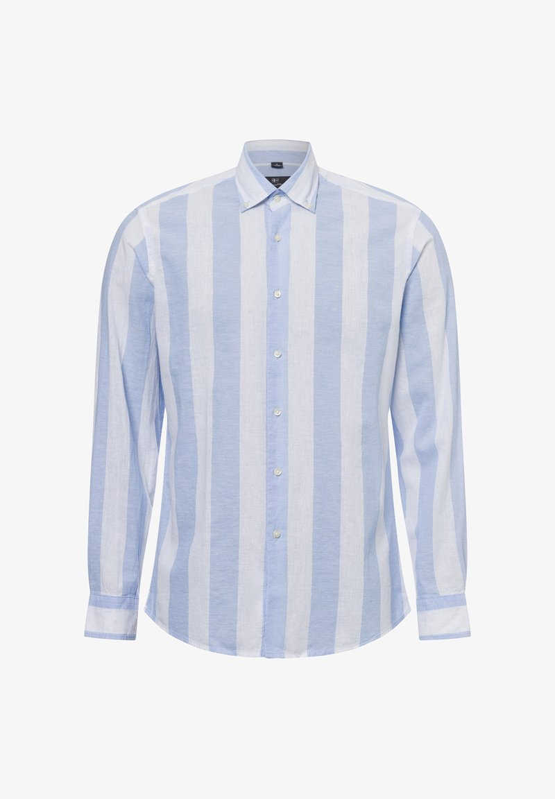 Hellblau-weiß gestreiftes Langarmhemd aus Leinen, mit einem Button-Down-Kragen und vorderen Knöpfen, sowie einem abgerundeten Saum.