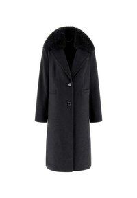 Palton negru din lână, cu guler din blană sintetică, design ajustat, mâneci lungi, închidere cu un singur nasture și buzunare laterale.