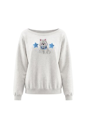 Lysegrå sweatshirt med en lille hund iført en blå sløjfe og to blå stjerner broderet på brystet.