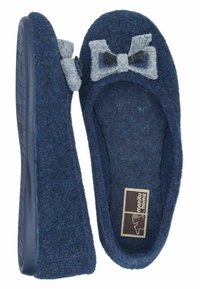 Dark blue felt slippers with a gray felt bow. Textured upper, slip-on design, and flexible rubber sole. Includes brand label inside.