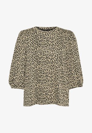 Bluse med leopardmønster lavet af letvægtsstof, har rund halsudskæring, puffede ærmer og en løs pasform, i sort og beige farver.