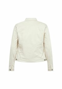 Bela jeans jakna s klasičnim ovratnikom, dolgimi rokavi in kovinskimi gumbi na manšettah, z čistim, brezšivnim dizajnom na hrbtu.