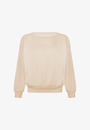 Beiger Pullover mit langen Ärmeln, geripptem Rundhalsausschnitt, Bündchen und Saum, mit lockerem Sitz und weicher Stoffstruktur.