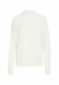 Vit, långärmad stickad tröja med hög hals. Har ribbad textur och nedhasade axlar, med en lätt och avslappnad passform.