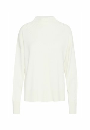 Biely, pletený sveter s dlhým rukávom a vysokým golierom. Má zúženú textúru a spadnuté ramená, s voľným, pohodlným strihom.