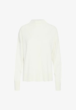 Biely, pletený sveter s dlhým rukávom a vysokým golierom. Má zúženú textúru a spadnuté ramená, s voľným, pohodlným strihom.