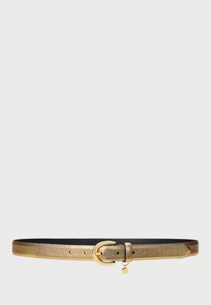 Metallic gold belt with textured finish, black leather backing, gold buckle, and tag detail. Features holes for adjustable fit.