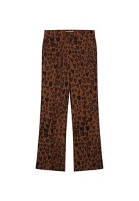 Bruine gestreepte broek met een luipaardprint in zwart. Nauwsluitende vorm, gladde textuur en een tailleband voor een veilige pasvorm.