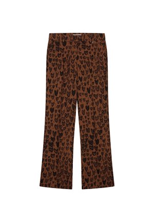Brown patterned pants with a leopard print design in black. Tapered shape, smooth texture, and a waistband for secure fit.