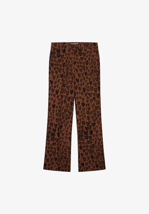 Bruine gestreepte broek met een luipaardprint in zwart. Nauwsluitende vorm, gladde textuur en een tailleband voor een veilige pasvorm.
