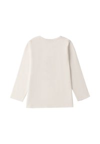 Langarmshirt, cremefarben, weicher Stoff, runder Ausschnitt, seitliche Schlitze am Saum, glatte Textur, minimalistisches Design, klare Linien.