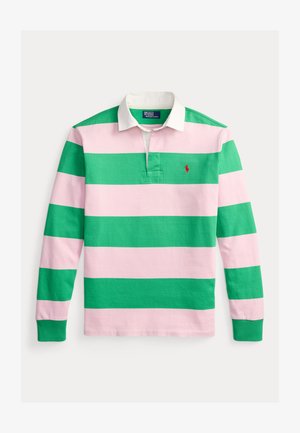 Długi rękaw, koszulka polo w zielono-różowe paski z białym kołnierzykiem, z małym haftowanym logo na lewej piersi. Materiał bawełniany.