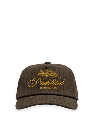 Casquette en velours côtelé marron avec une broderie jaune d'une branche feuillue et les mots "Prohibited 10119 Berlin" sur le panneau avant.
