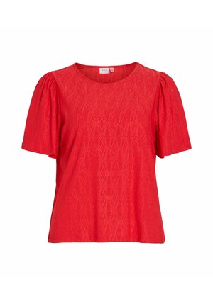 Piros rövid ujjú blúz kerek nyakkivágással, pufókkal az ujjain és finoman gyémántmintás texturált anyagból.