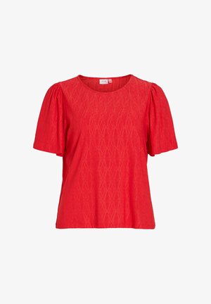 Piros rövid ujjú blúz kerek nyakkivágással, pufókkal az ujjain és finoman gyémántmintás texturált anyagból.