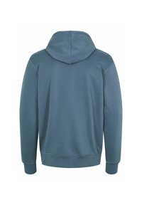 Hoodie in gedempt blauw, gemaakt van zachte stof. Heeft een kangoeroezak, ribbelboorden en een zoom met stikdetails.